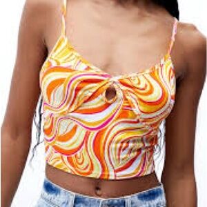 PacSun PacCares Tropical 🌴 Keyhole Tank Size S Orange White Sleeveless Top EUC